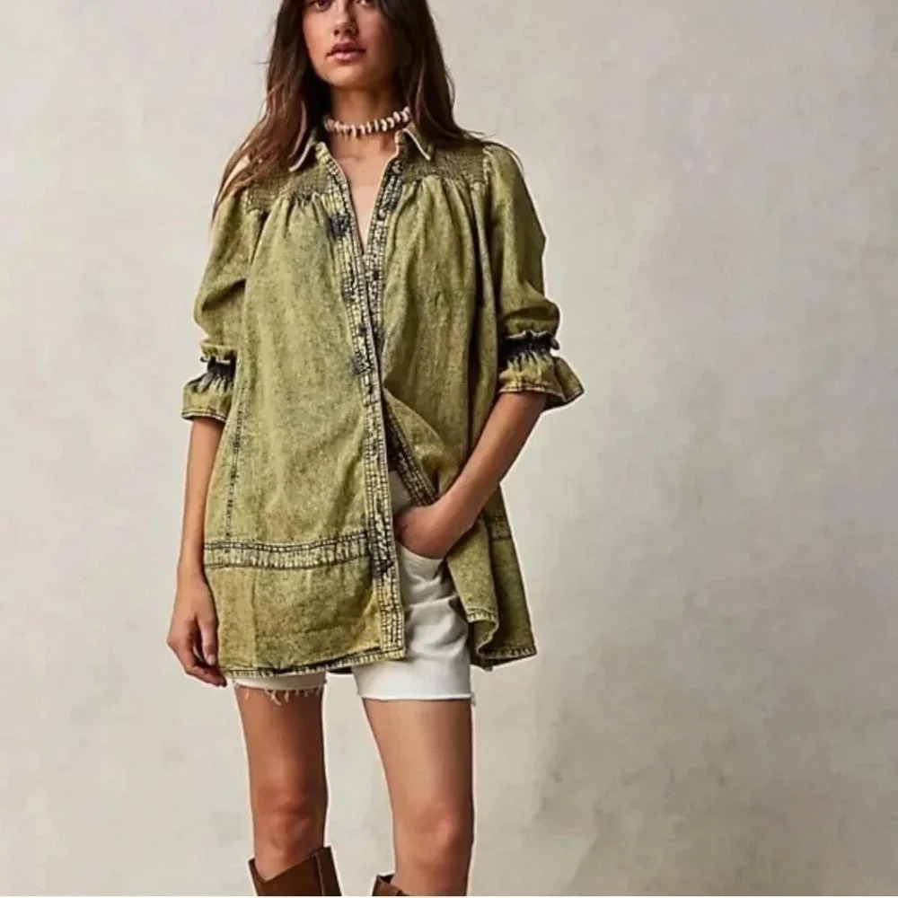 New! || FREE PEOPLE || Vanessa dress/tunic, Sz Small, Acid Washed, Yellow Rinse